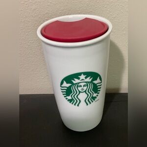Starbucks Siren Coffee White Red Ceramic Tall Travel Mug Cup Lid 12oz  year2011